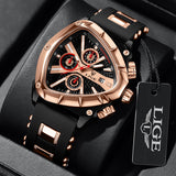 LIGE Mens Watch Analog Chronograph Luxury with Black & Rose-Gold Silicone Strap Wrist Watch For Men