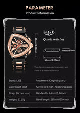 LIGE Mens Watch Analog Chronograph Luxury with Black & Rose-Gold Silicone Strap Wrist Watch For Men