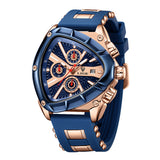 LIGE Mens Watch Analog Chronograph Luxury with Blue & Rose-Gold Silicone Strap Wrist Watch For Men
