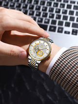 POEDGAR Automatic Mechanical Luxury skeleton wrist watch stainless steel strap Analog Watch For Men