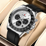 OVERFLY FOX BOX Mens Watch Analog Digital Chronograph Dual Time Luxury Watch Silver Dial with Black Silicone Strap Wrist Watch For Men