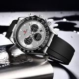 OVERFLY FOX BOX Mens Watch Analog Digital Chronograph Dual Time Luxury Watch Silver Dial with Black Silicone Strap Wrist Watch For Men