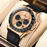 OVERFLY FOX BOX Mens Watch Analog Digital Chronograph Dual Time Luxury Watch Rose Gold Dial with Black Silicone Strap Wrist Watch For Men