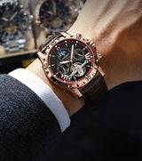 POEDGAR Automatic Mechanical Luxury skeleton Dial wrist watch Brown Leather strap Wrist Watch For Men