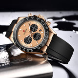 OVERFLY FOX BOX Mens Watch Analog Digital Chronograph Dual Time Luxury Watch Rose Gold Dial with Black Silicone Strap Wrist Watch For Men