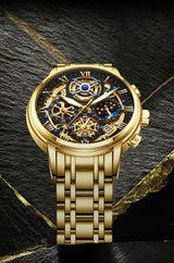 OVERFLY LIGE Mens Watch Analog Chronograph Luxury Watch Gold Dial and Gold Strap Wrist Watch For Men