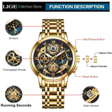 OVERFLY LIGE Mens Watch Analog Chronograph Luxury Watch Gold Dial and Gold Strap Wrist Watch For Men