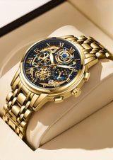 OVERFLY LIGE Mens Watch Analog Chronograph Luxury Watch Gold Dial and Gold Strap Wrist Watch For Men