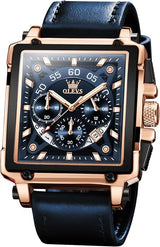OLEVS Mens Watch Analog Chronograph Luxury Rose Gold and Blue Leather Strap Wrist Watch For Men