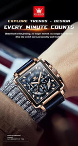 OLEVS Mens Watch Analog Chronograph Luxury Rose Gold and Blue Leather Strap Wrist Watch For Men