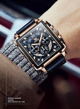 OLEVS Mens Watch Analog Chronograph Luxury Rose Gold and Blue Leather Strap Wrist Watch For Men