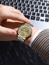 POEDGAR Automatic Mechanical Luxury skeleton wrist watch stainless steel strap Analog Watch For Men