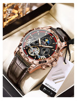 POEDGAR Automatic Mechanical Luxury skeleton Dial wrist watch Brown Leather strap Wrist Watch For Men