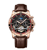 POEDGAR Automatic Mechanical Luxury skeleton Dial wrist watch Brown Leather strap Wrist Watch For Men