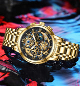 OVERFLY LIGE Mens Watch Analog Chronograph Luxury Watch Gold Dial and Gold Strap Wrist Watch For Men