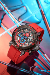 T5 Mens Watch Analog Chronograph Luxury Watch With Black Dial & Red Silicone Strap Wrist Watch For Men