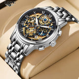 OVERFLY LIGE Mens Watch Analog Chronograph Luxury Watch Gold and Steel Strap Wrist Watch For Men