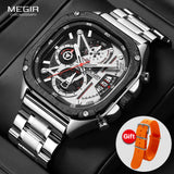 MEGIR Mens Watch Analog Chronograph Luxury with Orange Neto Strap wrist Watch For Men