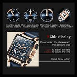 OLEVS Mens Watch Analog Chronograph Luxury Rose Gold and Blue Leather Strap Wrist Watch For Men