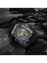 OVERFLY Onola Double Tourbillon Automatic Skeleton Mechanical Flywheel Unique Dial Luxury Men's Watch (NOW IN INDIA)6828-Black-Blue