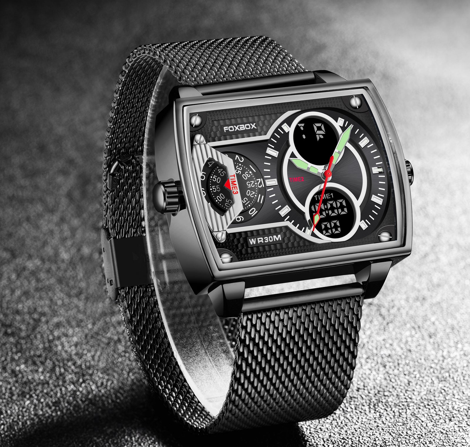 OVERFLY FOXBOX 3 Time Zones Analog Digital Luxury Chronograph