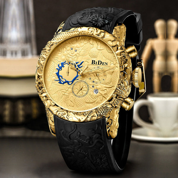 OVERFLY BIDEN Analog Chronograph Dragon Dial Luxury Men's Watch (NOW IN INDIA)(BD-129-Black-Gold)