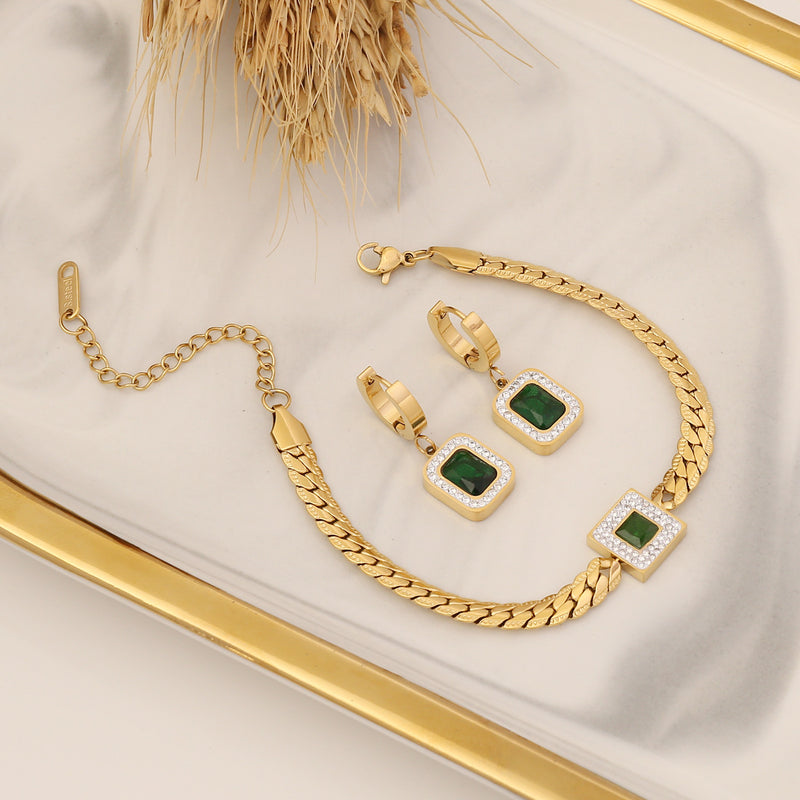 OVERFLY Green Stone Jewellery Luxury Combo Set For Ladies(18K Gold Plated)