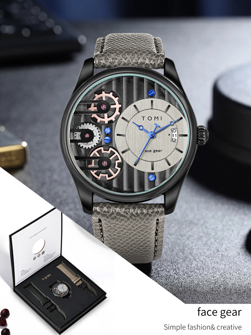 tomi face gear watch OVERFLY Tomi Gear Face Watch Mens Luxury Analog Watch with Black & Gre –  TheWatchShop.in