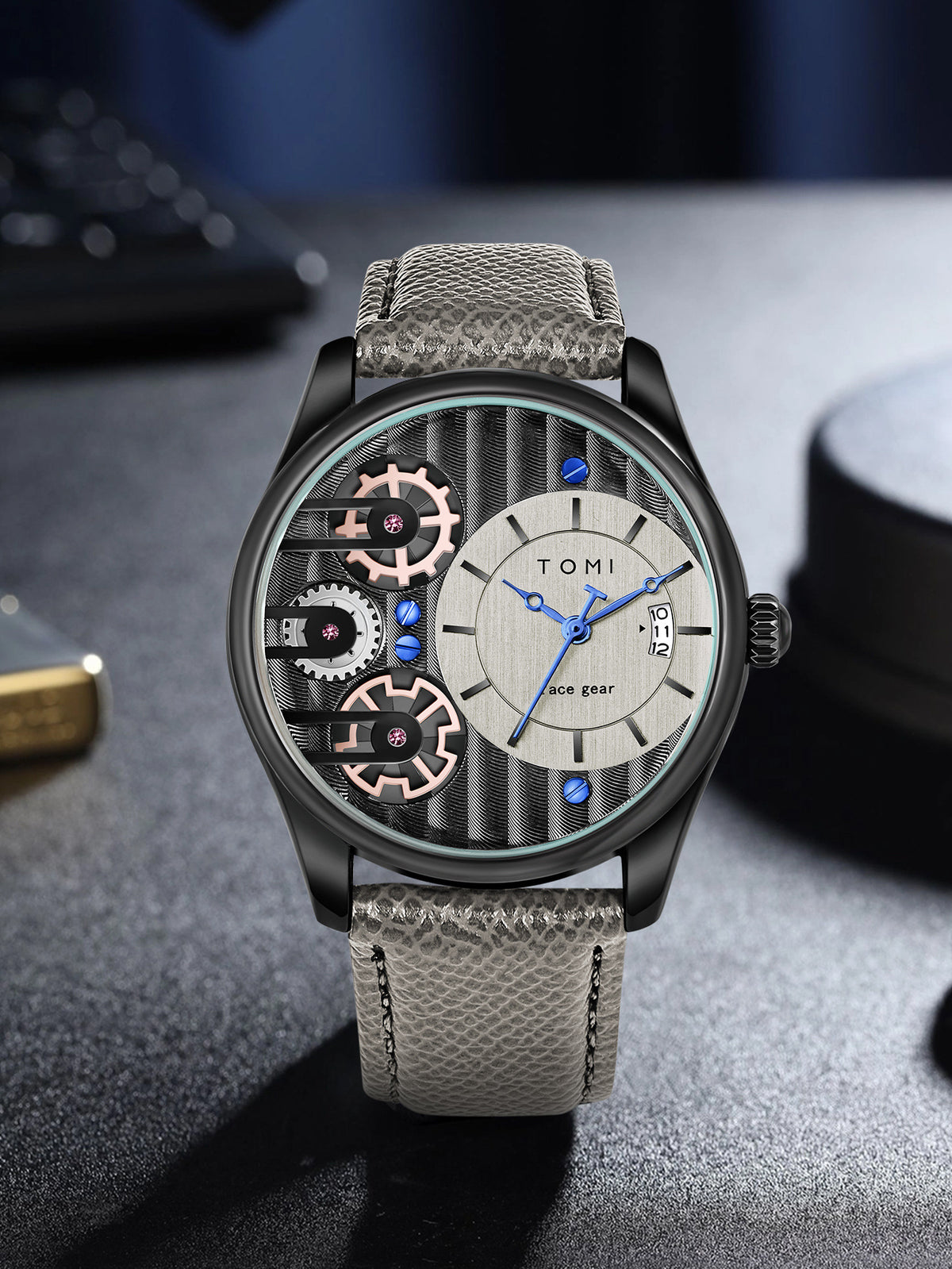 tomi OVERFLY Tomi Gear Face Watch Mens Luxury Analog Watch with Black