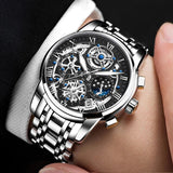 OVERFLY LIGE Mens Watch Analog Chronograph Luxury Watch Silver Dial Stainless Steel Strap Wrist Watch For Men