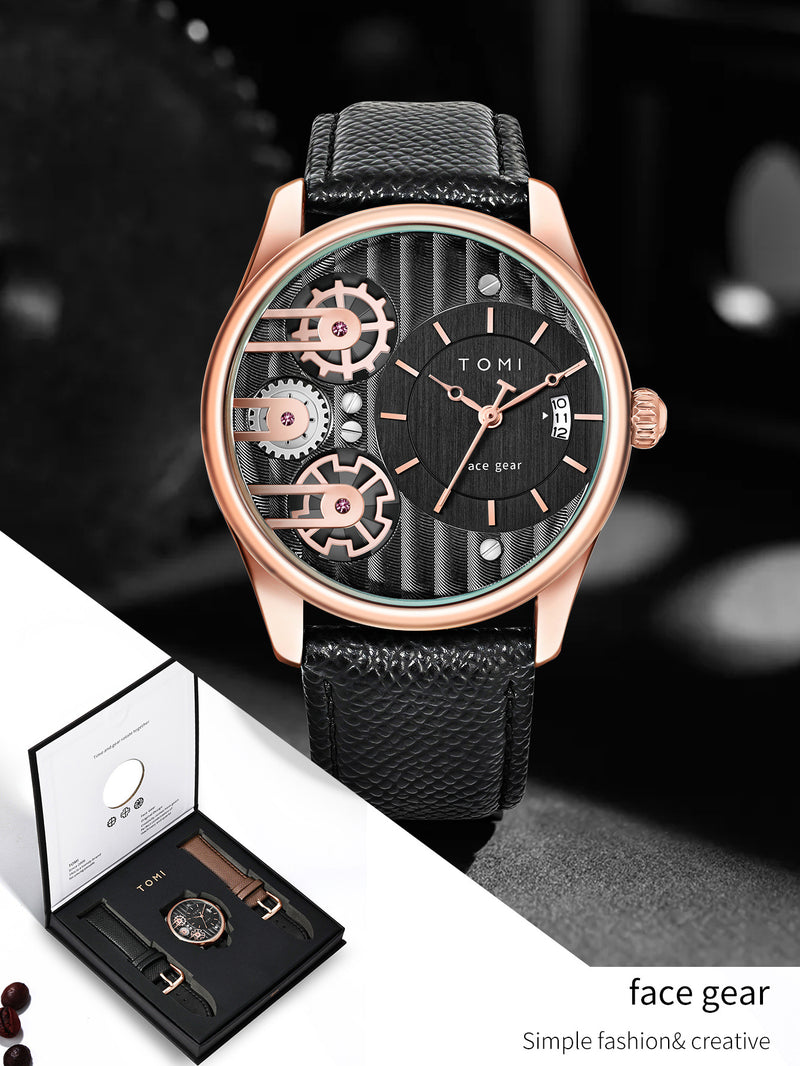 tomi TOMI Business Quartz Watch, 42mm Alloy Case, Leather Band, Day