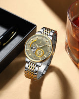 POEDGAR Automatic Mechanical Luxury skeleton wrist watch stainless steel strap Analog Watch For Men