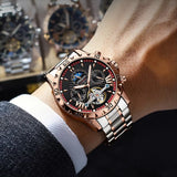 POEDGAR Automatic Mechanical Luxury skeleton Dial wrist watch stainless steel strap Analog Watch For Men