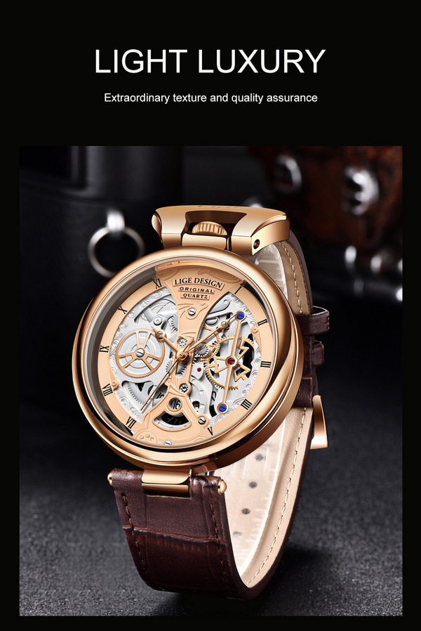 OVERFLY LIGE Mens Watch Analog Luxury Watch Rose Gold Case with Brown Leather Strap Wrist Watch For Men