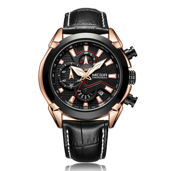 MEGIR Mens Watch Chronograph Luxury Watch with Rose Gold & Black Leather Wrist Watch For Men