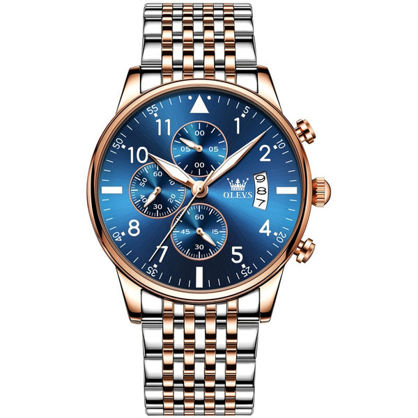 OVERFLY OLEVS Mens Watch Analog Chronograph Luxury Watch Rose Gold and Gold & Steel Strap Wrist Watch For Men