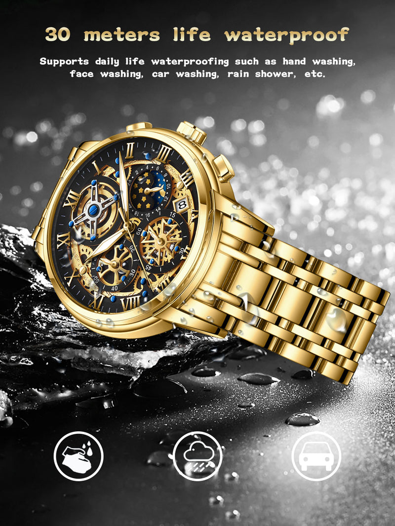 OVERFLY LIGE Mens Watch Analog Chronograph Luxury Watch Gold Dial