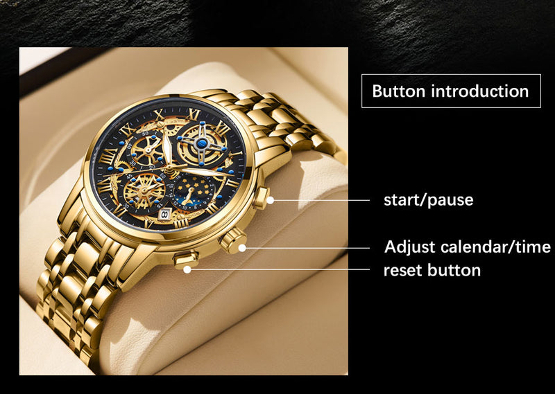 OVERFLY LIGE Mens Watch Analog Chronograph Luxury Watch Gold Dial and Gold Strap Wrist Watch For Men