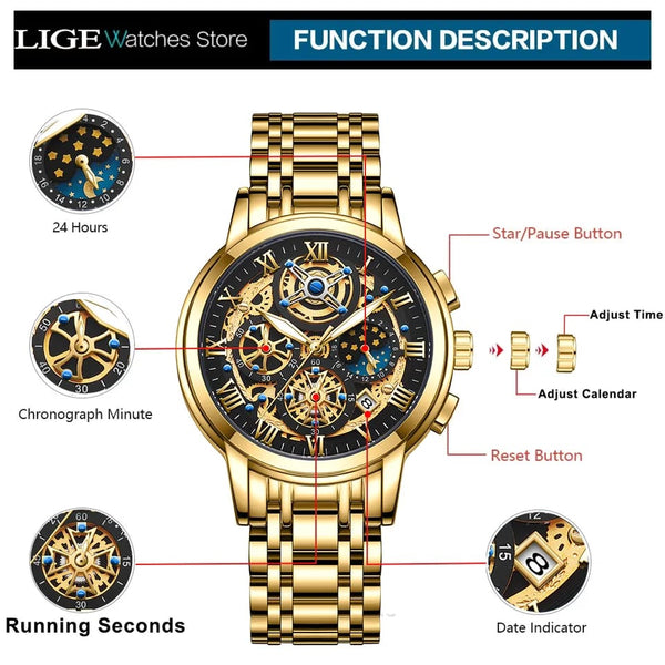 OVERFLY LIGE Mens Watch Analog Chronograph Luxury Watch Gold Dial and Gold Strap Wrist Watch For Men