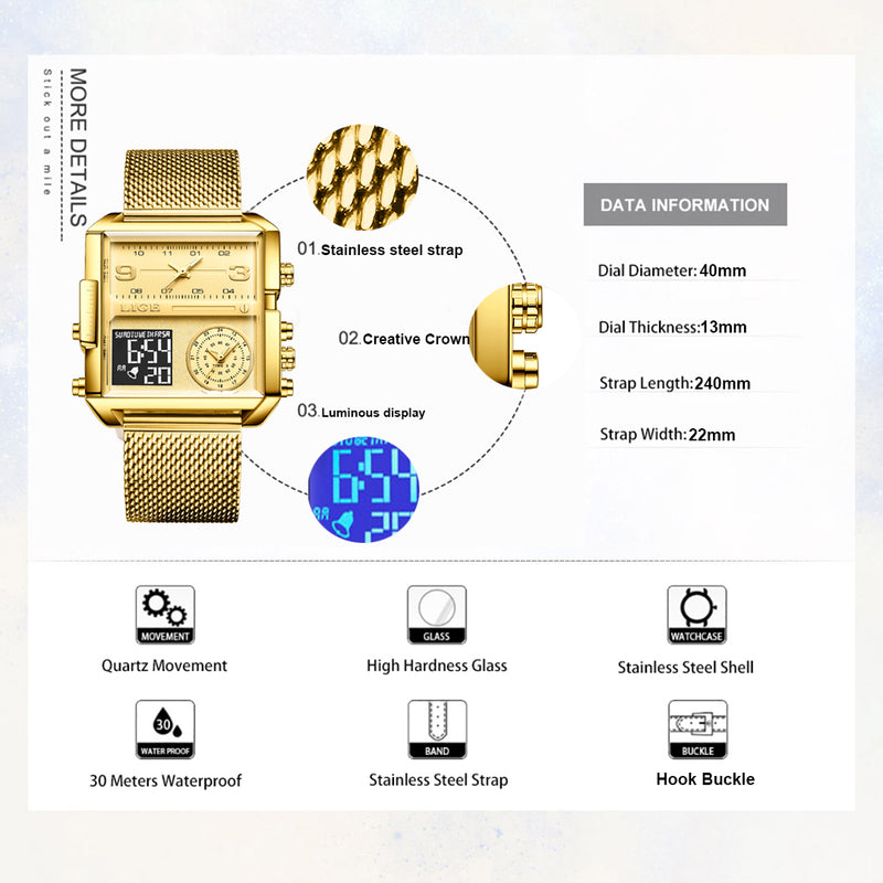 OVERFLY LIGE Square Dial Men's Analog & Digital Chronograph Watch (8925-Gold)