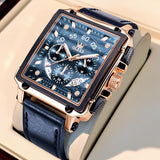 OLEVS Mens Watch Analog Chronograph Luxury Rose Gold and Blue Leather Strap Wrist Watch For Men