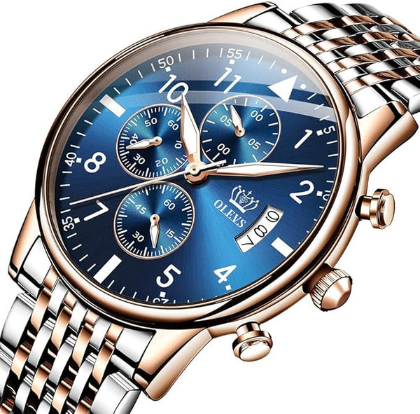 OVERFLY OLEVS Mens Watch Analog Chronograph Luxury Watch Rose Gold and Gold & Steel Strap Wrist Watch For Men