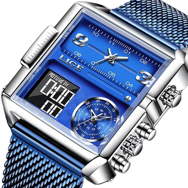 OVERFLY LIGE Square Dial Men's Analog & Digital Chronograph Watch (Blue)