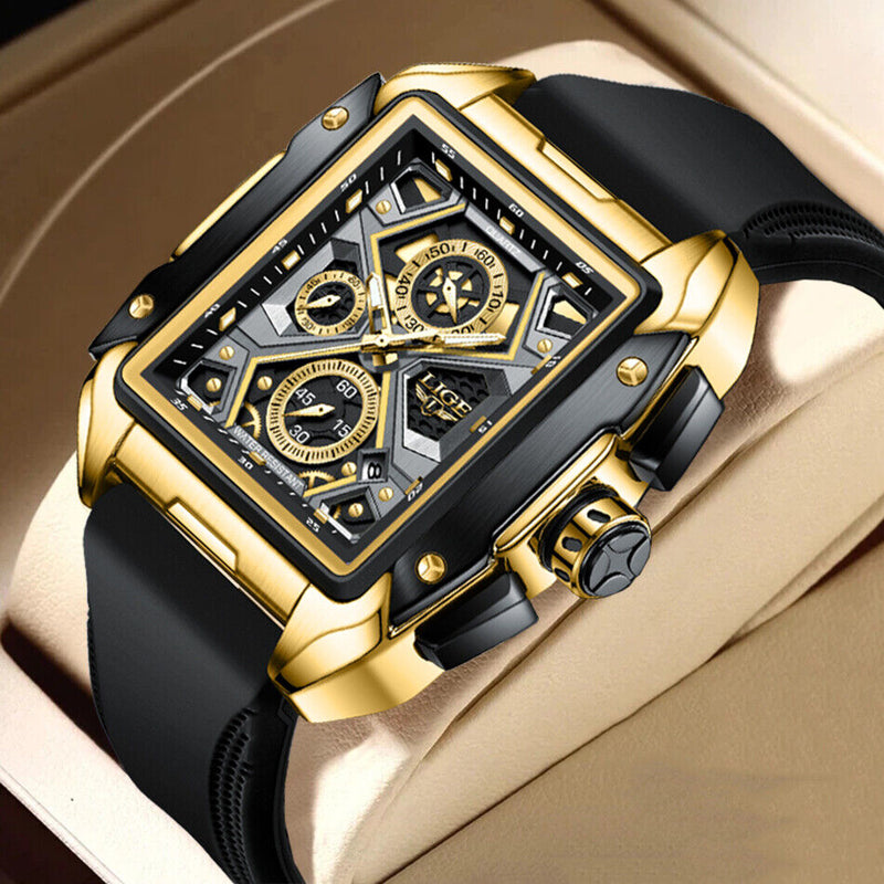 OVERFLY LIGE NOW IN INDIA - Rectangle Dial Men's Analog Chronograph Watch (8981-Black-Gold)