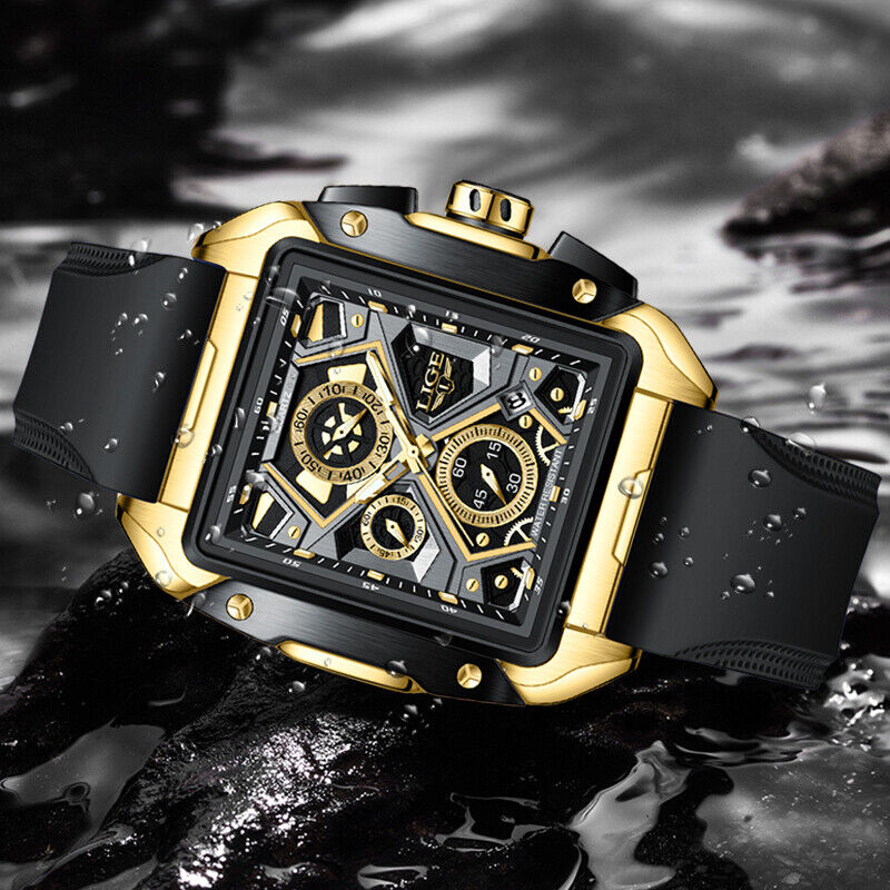 OVERFLY LIGE NOW IN INDIA - Rectangle Dial Men's Analog Chronograph Watch (8981-Black-Gold)