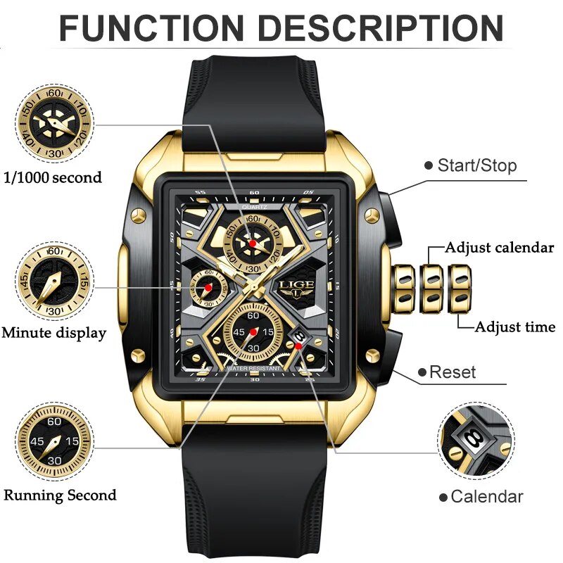 OVERFLY LIGE NOW IN INDIA - Rectangle Dial Men's Analog Chronograph Watch (8981-Black-Gold)