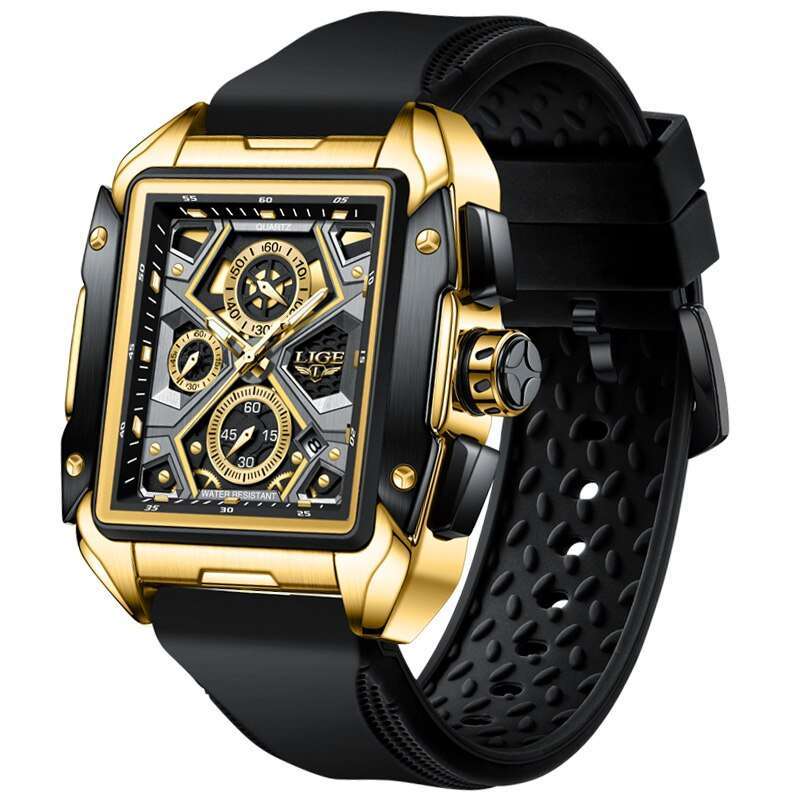 OVERFLY LIGE NOW IN INDIA - Rectangle Dial Men's Analog Chronograph Watch (8981-Black-Gold)