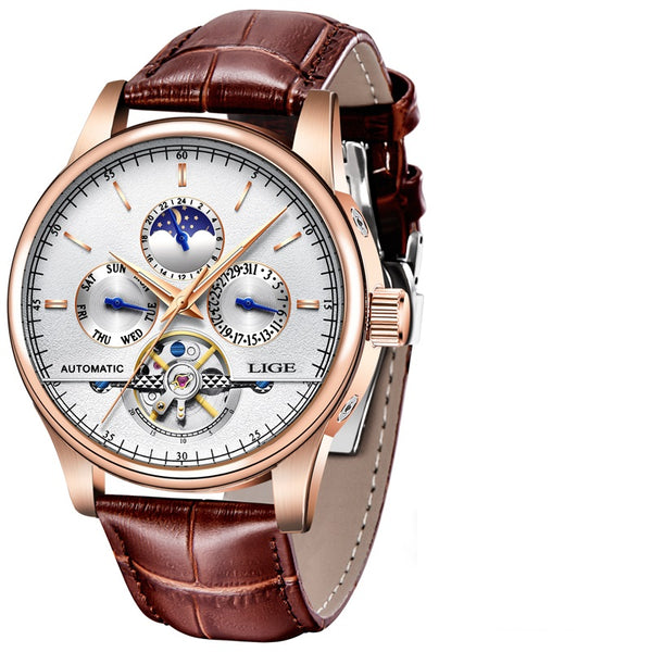 LIGE Automatic Chronograph Mechanical Skeleton Luxury Dail Men's Watch(LG-9843-White)