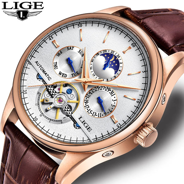 LIGE Automatic Chronograph Mechanical Skeleton Luxury Dail Men's Watch(LG-9843-White)