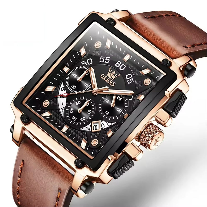 OVERFLY OLEVS Mens Watch Analog Chronograph Luxury Watch Rose Gold and Brown Leather Strap Wrist Watch For Men